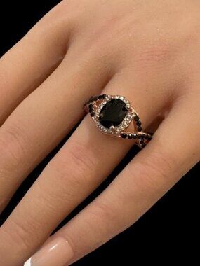 Rose Gold Tone Black Simulated Stone Ring With Elegant Criss-Cross Band Design